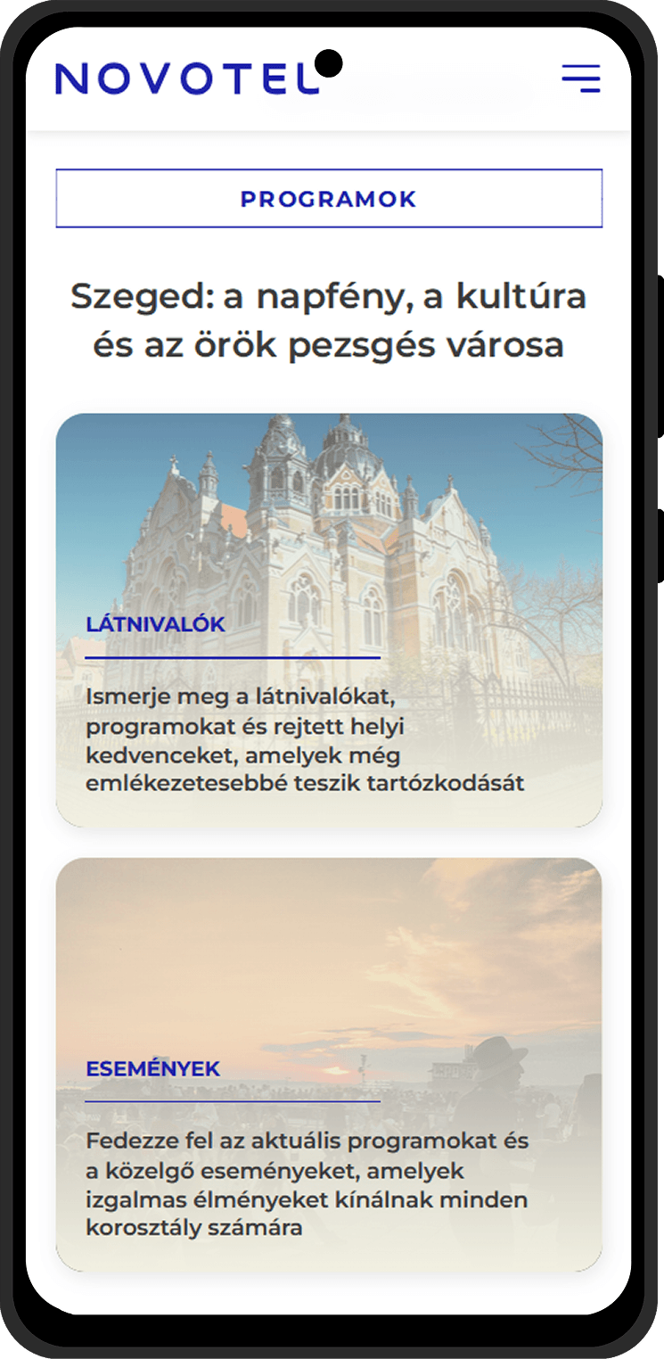 Novotel Szeged weboldal mobil nézet